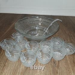 Vintage Mid Century Modern Glass Punch Bowl Set of 11 Cups