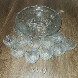 Vintage Mid Century Modern Glass Punch Bowl Set of 11 Cups