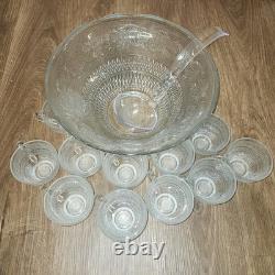 Vintage Mid Century Modern Glass Punch Bowl Set of 11 Cups