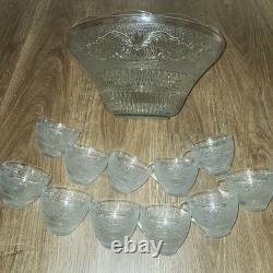 Vintage Mid Century Modern Glass Punch Bowl Set of 11 Cups