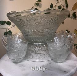 Vintage Mid Century Modern Glass Punch Bowl Set with Matching Punch Cups
