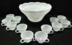 Vintage Mid Century Modern Glass Punch Bowl White Milk Grapes Home Decor Party