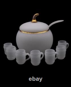 Vintage Mid Century Modern White Opaline Stone Apple Punch Bowl, Ladle & 7 Cups