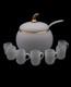 Vintage Mid Century Modern White Opaline Stone Apple Punch Bowl, Ladle & 7 Cups