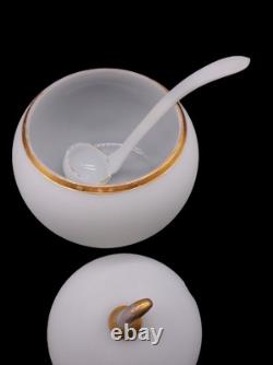 Vintage Mid Century Modern White Opaline Stone Apple Punch Bowl, Ladle & 7 Cups