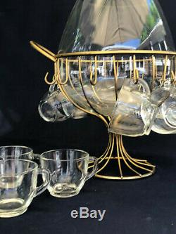 Vintage Mid-Century Modern punch set, 12 cups, bowl and metal stand 1960s 1970s