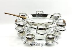 Vintage Mid Century Punch Bowl Set Silver Band Chrome Wood