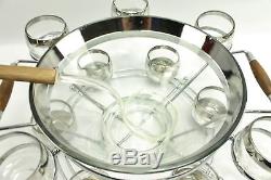 Vintage Mid Century Punch Bowl Set Silver Band Chrome Wood