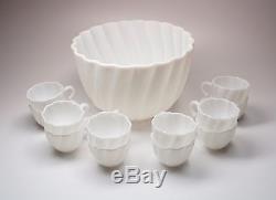 Vintage Milk Glass Punch Bowl + 12 Hanging Cups Hobnail Base Lovely