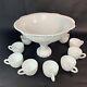 Vintage Milk Glass Punch Bowl Set Mckee Pedestal Concord Early American 1950's