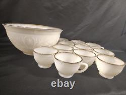 Vintage Milk Glass Punch Bowl Set with 11 Cups Cream Embossed Floral & Gold