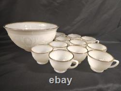 Vintage Milk Glass Punch Bowl Set with 11 Cups Cream Embossed Floral & Gold