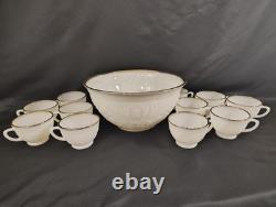 Vintage Milk Glass Punch Bowl Set with 11 Cups Cream Embossed Floral & Gold