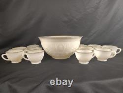 Vintage Milk Glass Punch Bowl Set with 11 Cups Cream Embossed Floral & Gold