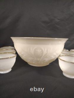 Vintage Milk Glass Punch Bowl Set with 11 Cups Cream Embossed Floral & Gold