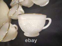 Vintage Milk Glass Punch Bowl Set with 11 Cups Cream Embossed Floral & Gold
