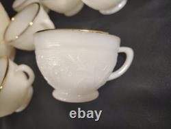 Vintage Milk Glass Punch Bowl Set with 11 Cups Cream Embossed Floral & Gold