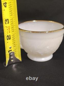 Vintage Milk Glass Punch Bowl Set with 11 Cups Cream Embossed Floral & Gold