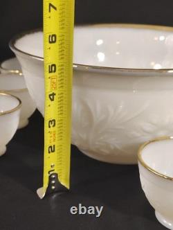 Vintage Milk Glass Punch Bowl Set with 11 Cups Cream Embossed Floral & Gold