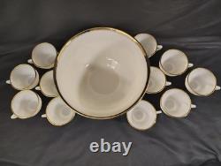 Vintage Milk Glass Punch Bowl Set with 11 Cups Cream Embossed Floral & Gold