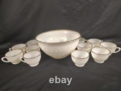 Vintage Milk Glass Punch Bowl Set with 11 Cups Cream Embossed Floral & Gold
