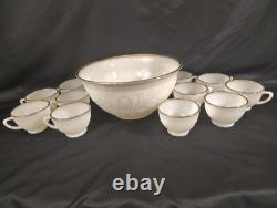 Vintage Milk Glass Punch Bowl Set with 11 Cups Cream Embossed Floral & Gold