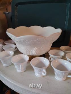 Vintage Milk Glass Punch Bowl With 12 Cups