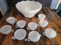 Vintage Milk Glass Punch Bowl set of 10 milk glass
