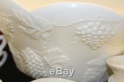 Vintage Milk Glass Scalloped Punch Bowl Set Grape & Leaf Design with12 Cups