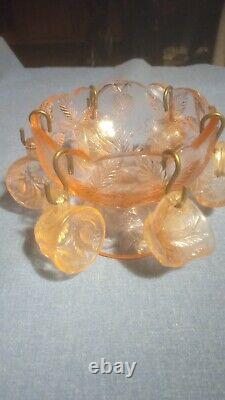 Vintage Miniature Children's Punch Bowl & 6 Cups Set Depression Glass