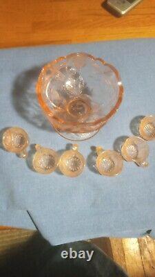 Vintage Miniature Children's Punch Bowl & 6 Cups Set Depression Glass