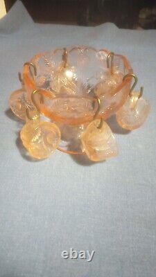 Vintage Miniature Children's Punch Bowl & 6 Cups Set Pink Depression Glass