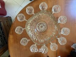 Vintage Mint Condition Large Starburst Glass Punchbowl with 12 Glass Cups