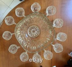 Vintage Mint Condition Large Starburst Glass Punchbowl with 12 Glass Cups