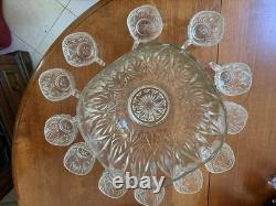Vintage Mint Condition Large Starburst Glass Punchbowl with 12 Glass Cups
