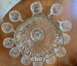 Vintage Mint Condition Large Starburst Glass Punchbowl with 12 Glass Cups