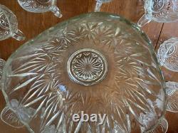 Vintage Mint Condition Large Starburst Glass Punchbowl with 12 Glass Cups