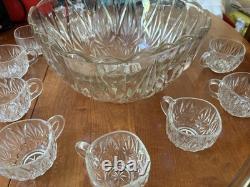 Vintage Mint Condition Large Starburst Glass Punchbowl with 12 Glass Cups