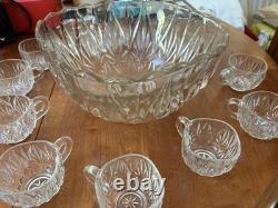 Vintage Mint Condition Large Starburst Glass Punchbowl with 12 Glass Cups