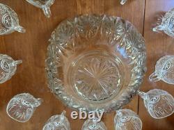 Vintage Mint Condition Large Starburst Glass Punchbowl with 12 Glass Cups