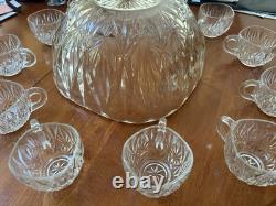 Vintage Mint Condition Large Starburst Glass Punchbowl with 12 Glass Cups