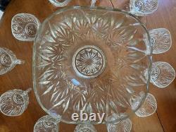 Vintage Mint Condition Large Starburst Glass Punchbowl with 12 Glass Cups