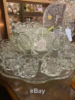 Vintage Moon And Stars Large Punch Bowl With 12 Cups On Glass Tray