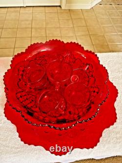 Vintage Mosser Glass Punch Bowl With Underplate and and 10Cups, Ruby Red