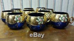 Vintage Murano Italian Italy gold 24-k punch bowl Blue Glass 13 piece