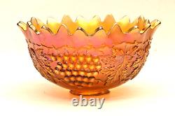 Vintage Northwood Grape & Cable Marigold Carnival Glass Punch Bowl & 8 Cups