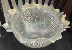 Vintage Old Northwood Carnival Glass Grape & Cable Punch Bowl Frosted White 14