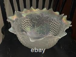 Vintage Old Northwood Carnival Glass Grape & Cable Punch Bowl Frosted White 14