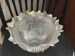 Vintage Old Northwood Carnival Glass Grape & Cable Punch Bowl Frosted White 14