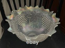 Vintage Old Northwood Carnival Glass Grape & Cable Punch Bowl Frosted White 14